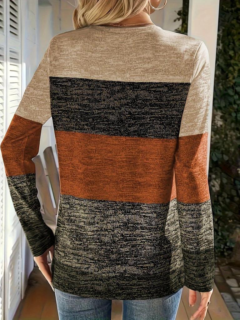 2025 Cross-Border V-Neck Color-Blocked Long-Sleeve T-Shirt