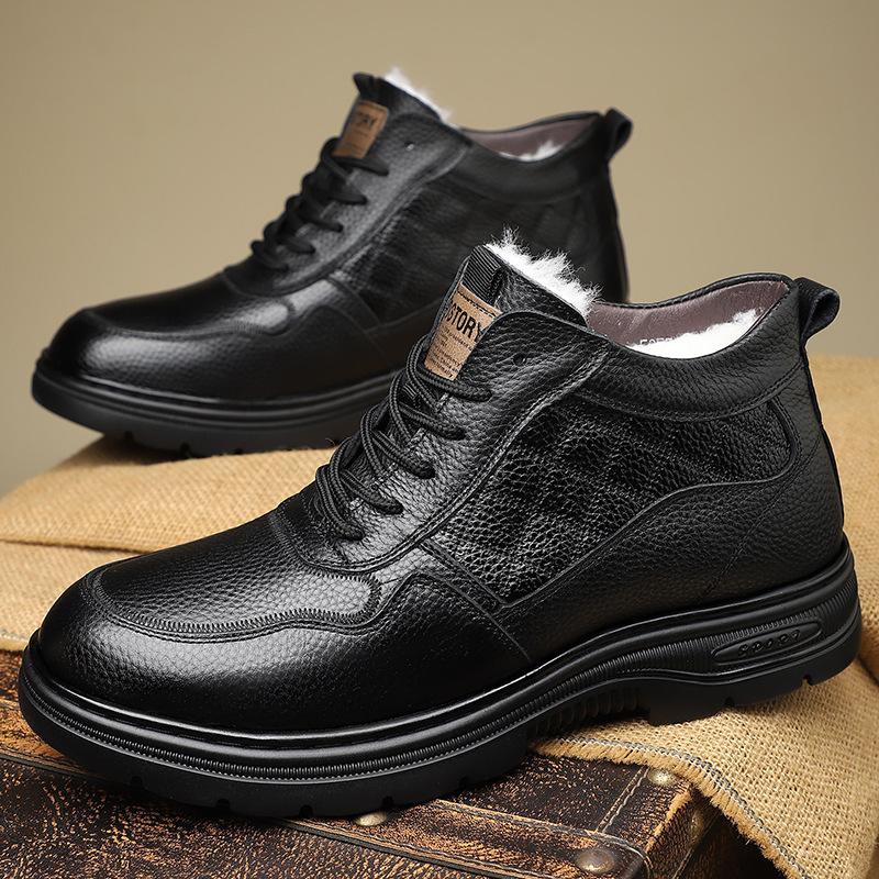 

Мужские зимние ботинки 2025 новая кожаная бархатная теплая обувь из хлопка большого размера на Северо-Востоке, холодостойкие утолщенные хлопковые кожаные ботинки мужская обувь 44 чёрный