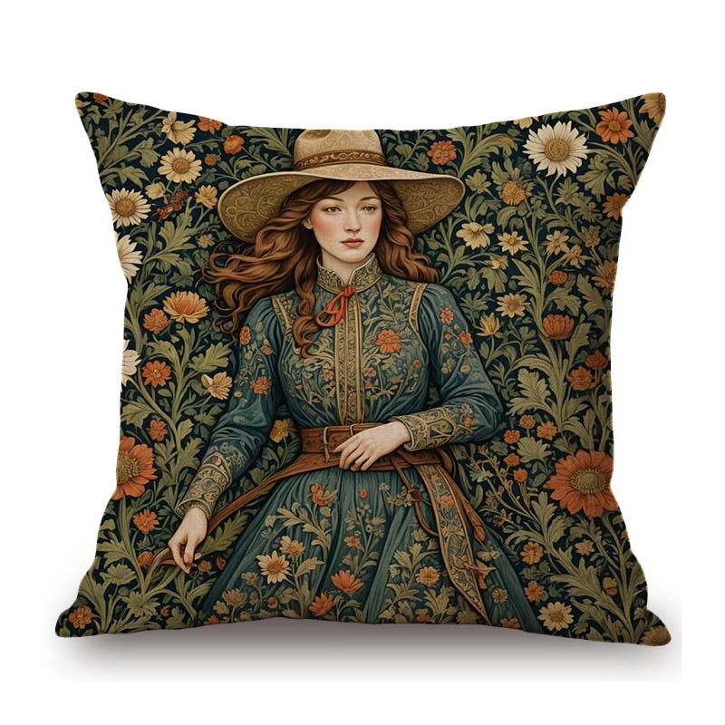 Renaissance Retro William Morris Style Beautiful Lady Girl Flower Floral Classic Home Decoration Sofa Pillow Case Cushion Cover