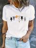 Sleeve T-Shirt for Spring & Wo Cat Print Crew Neck T-Shirt Casual Aesthetic Clothes