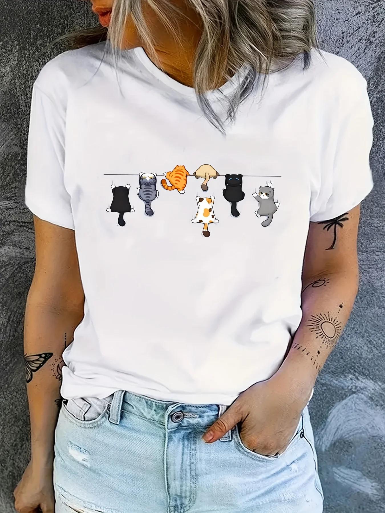 

Sleeve TShirt for Spring Summer Womens Clothing Cat Print Crew Neck TShirt Casual Aesthetic Clothes 4XL