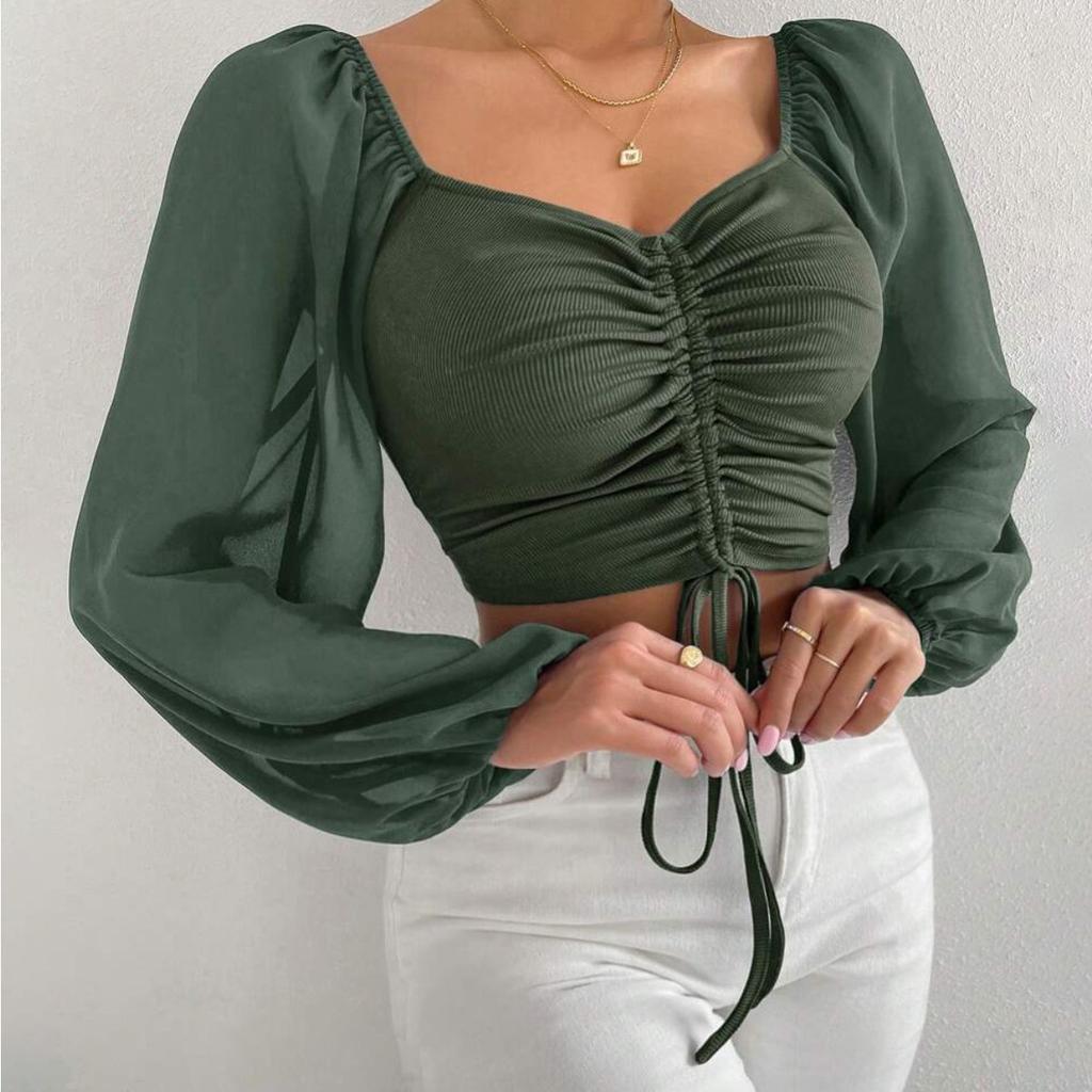 Women's Sweetheart Neck Drawstring Puff Sleeve Cropped Top, French Style Casual Blouse for Women, European American Fashion