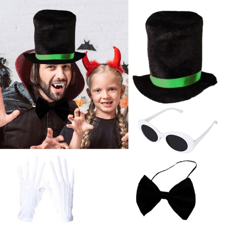 4Pcs Green Halloween Costume Accessories Costume Top Hat Necktie Sunglasses White Gloves for Cosplay Dressing Up Party
