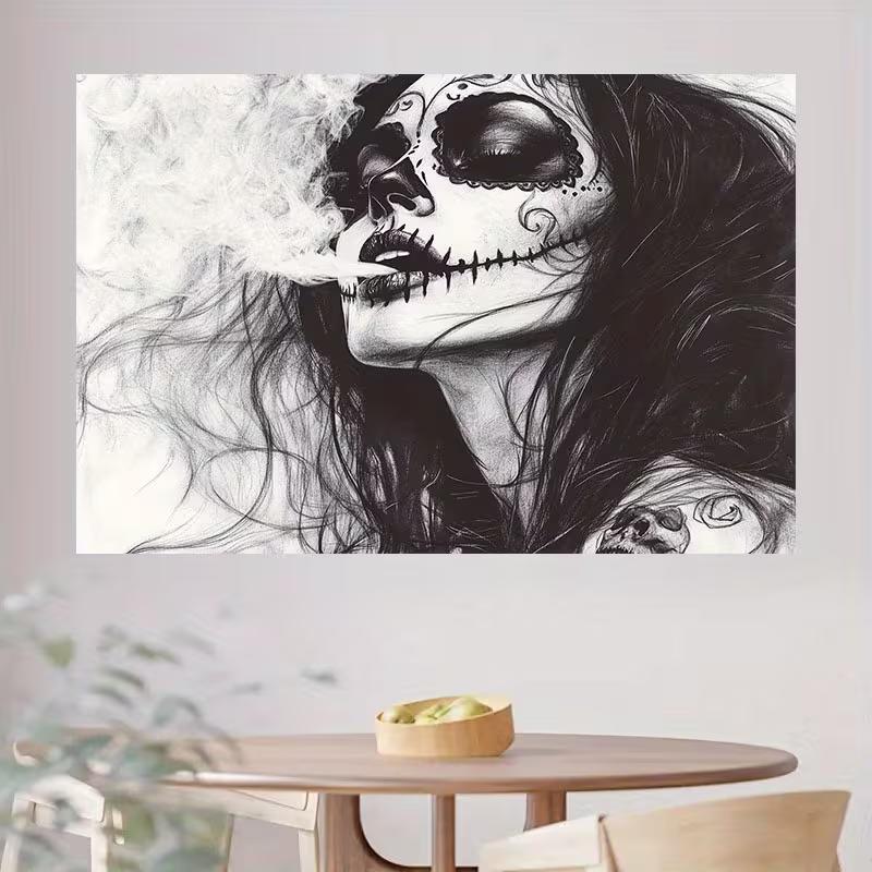 2D Day of the Dead Tapestry Sugar Skull Lady with Smoke Art Background Cloth