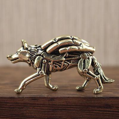 Estatua de Lobo de Latón Puro Adorno de Escritorio Juego de Té, Miniatura de Figurilla de Animal de Bronce Vintage Decoración