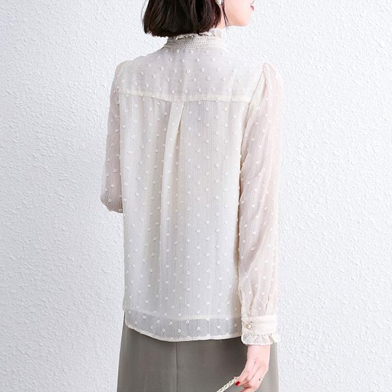 Spring Autumn Elegant Stand Collar Shirt Stylish Drawstring Bow Female Clothing Korean Solid Color Chic Pearl Button Blouse