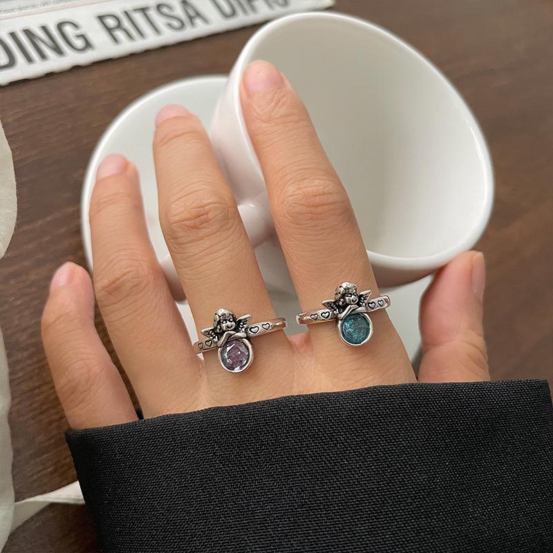 Lan Zhi Women's 925 Sterling Silver Angel Wings Open Ring - Niche Retro Design, Tarnish-Resistant.