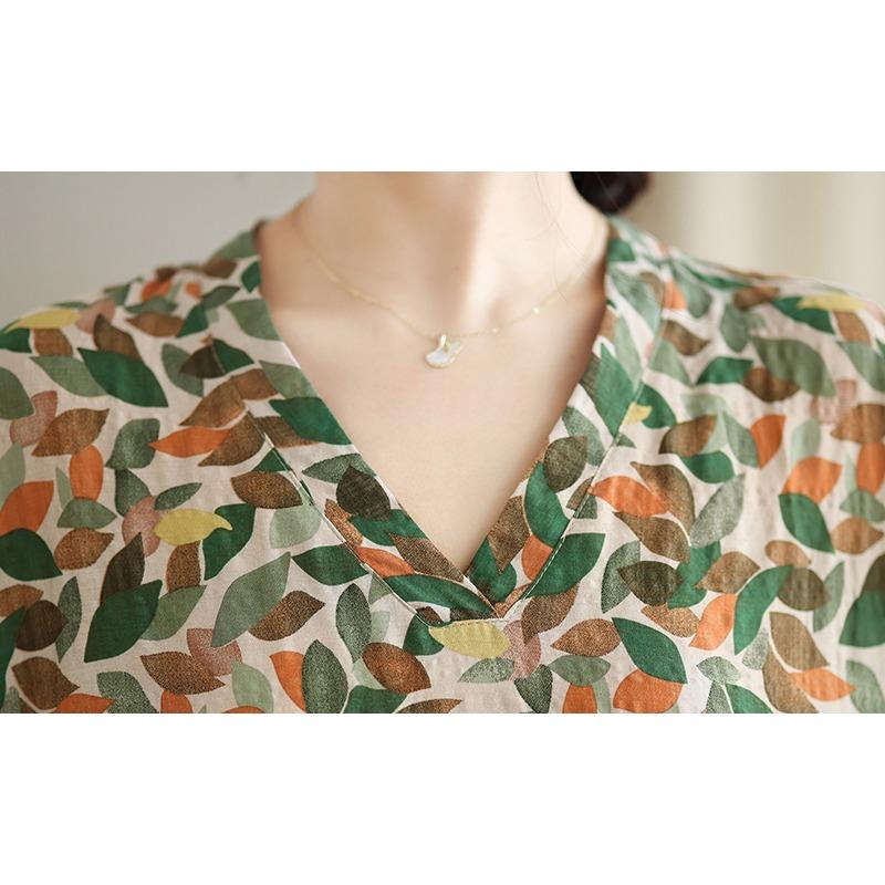 DIMANAF 2025 Women Plus Size Spring Summer Dress Basic Long Dress Leaf Printing Vintage Loose Long Sleeve