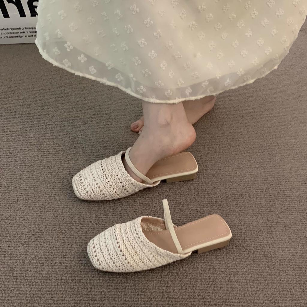 Flat bottom retro brown woven half slippers women's outer wear spring and summer bag head cool slippers
