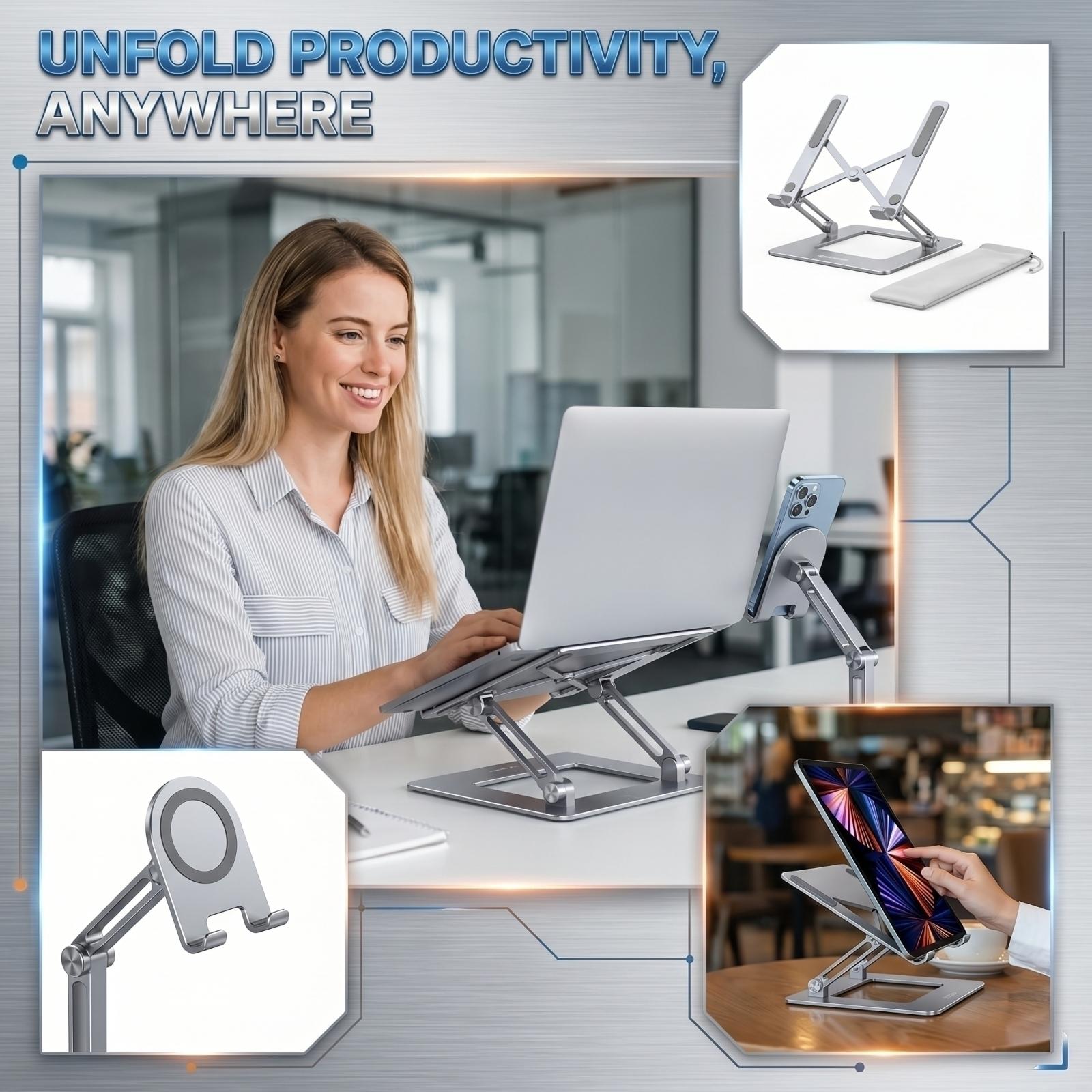

Adjustable Aluminum Laptop Stand with Integrated Magnetic Phone Holder Portable Foldable Desktop Riser Compatible with Laptops and Tablets One Size білий