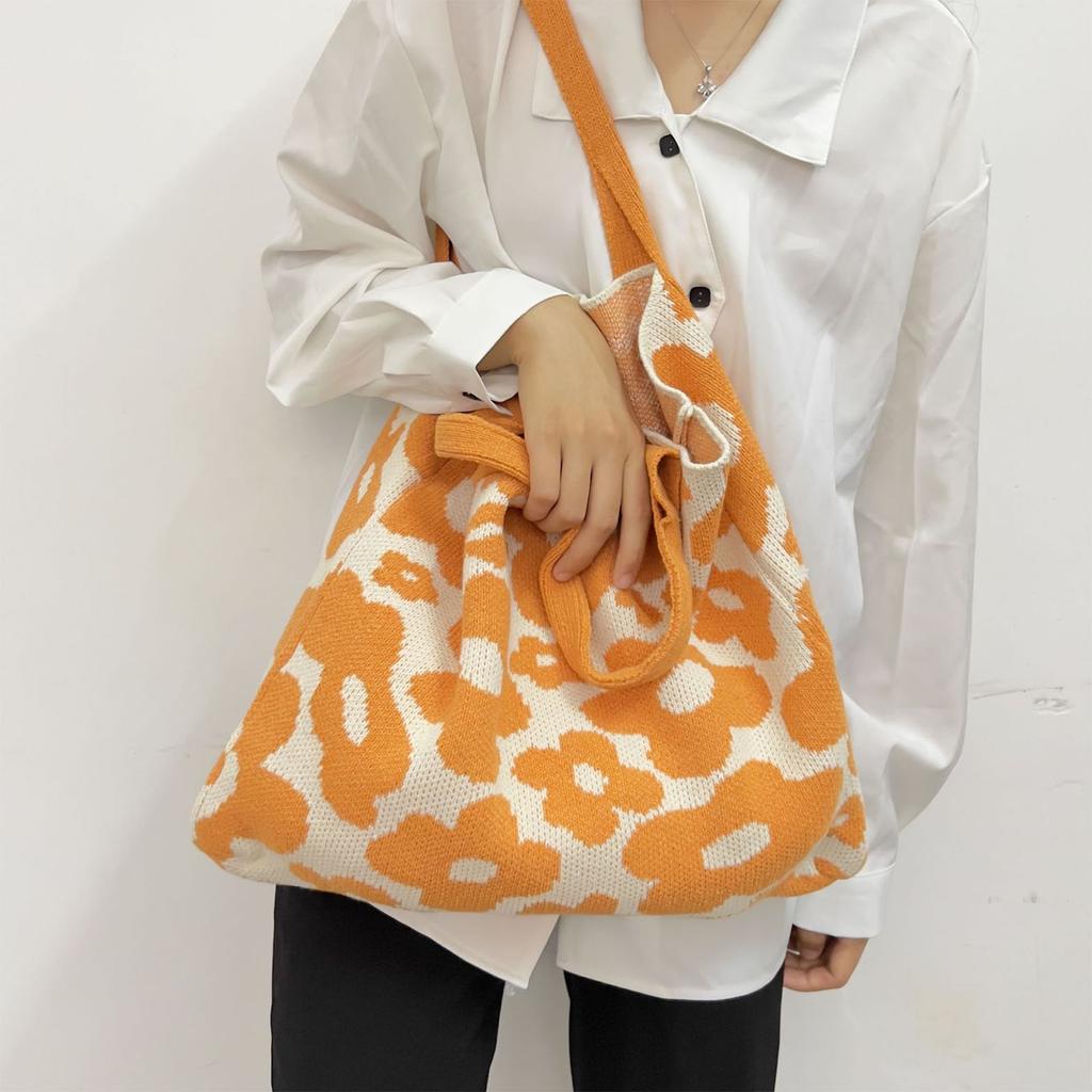 Beautiful Handbag Large Capacity Tote Bag Flower Pattern Knitted Bag Shoulder Bag Beach Bag for Street Shooting