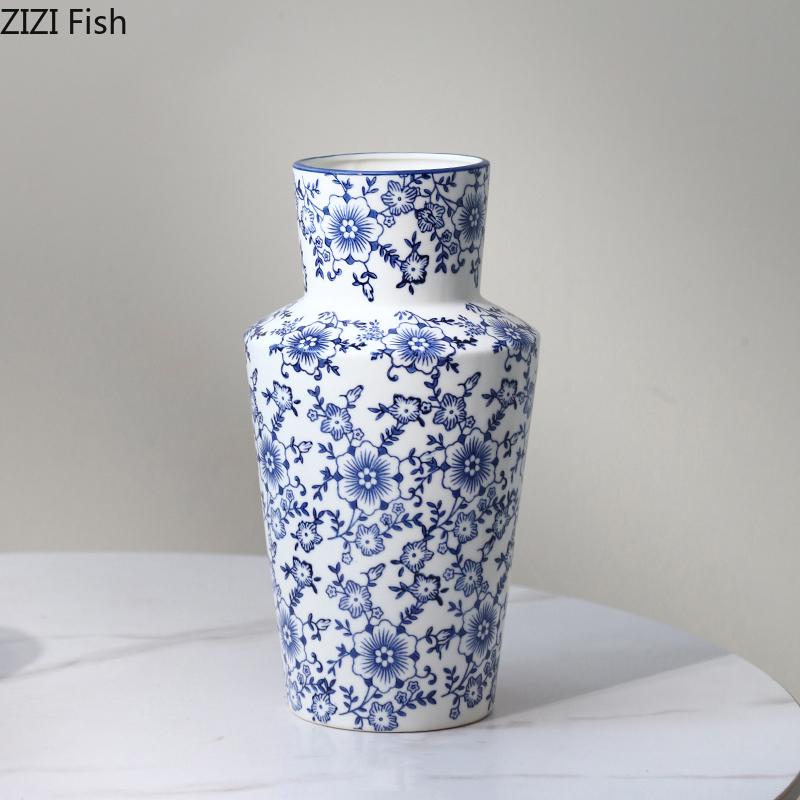 Neoclassical Blue and White Porcelain Vase Table Decoration Floral Print Texture Flowers Arrangement Vases Room Aesthetic Decor