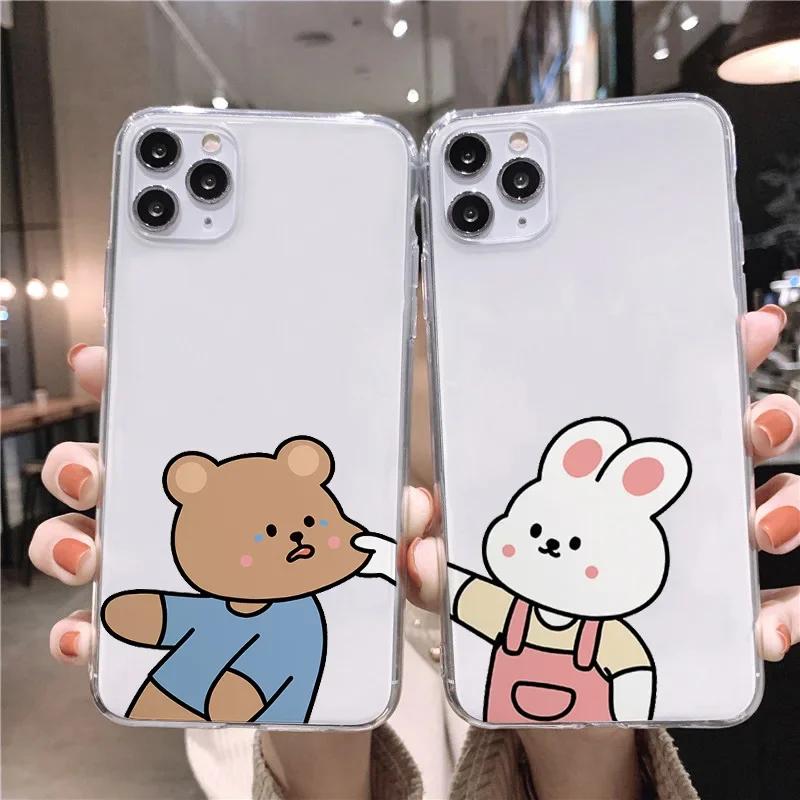 Funny Bear Rabbit Paired Couple Phone Case for iPhone 15 16 12 11 13 Pro Max Mini XR 8 14 Plus SE3 Clear Lovers Cover Fundas