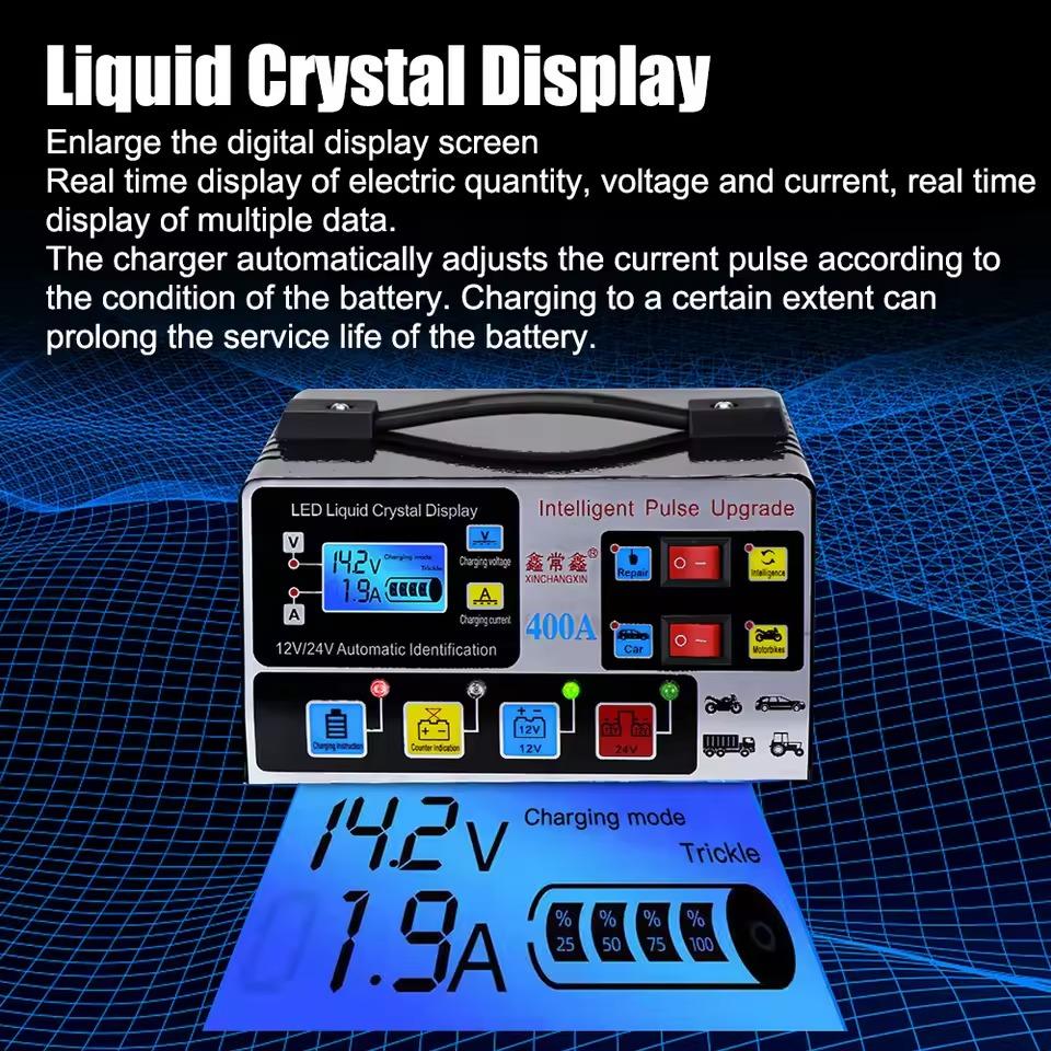 12V/24V 400A Car Battery Charger 220W High Power Fully Automatic Pulse Repair Smart LCD Display Self-stop Battery Fast Charger