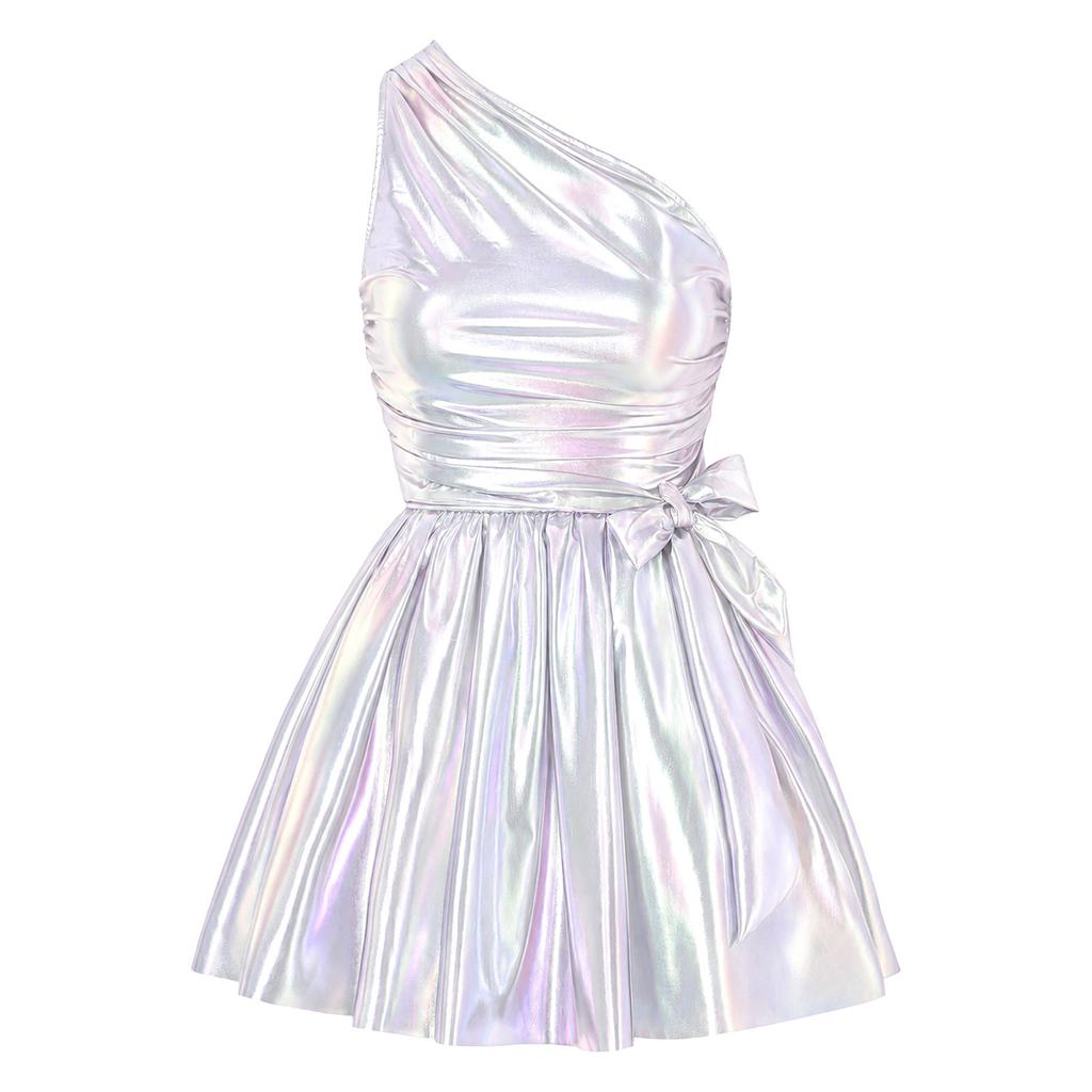 Women Tin Costume One Shoulder Sleeveless Ruched Tulle Lining Metallic Belted Dress with Hat Axe Gloves Heart Clock Brooch for Halloween Cosplay
