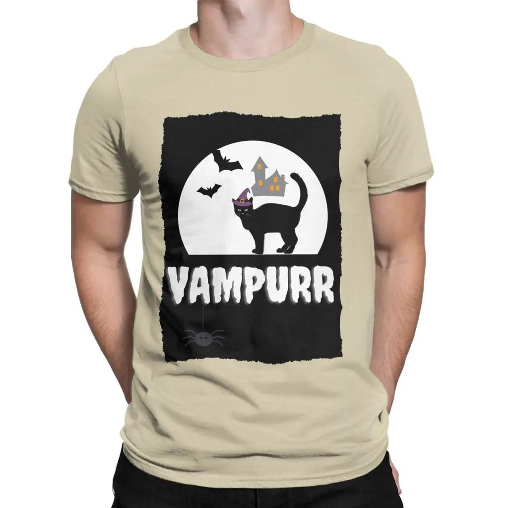 VAMPURR Halloween Bat Cat T-Shirts for Men Funny Pure Cotton Tees Round Neck Short Sleeve T Shirt Adult Tops