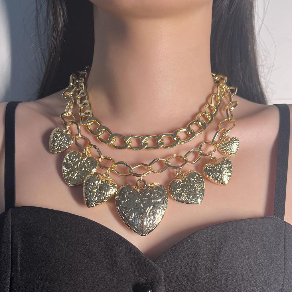 Personality: hip-hop, punk, trend, fashion, alloy, double-layer chain, love pendant, necklace, street motorcycle model