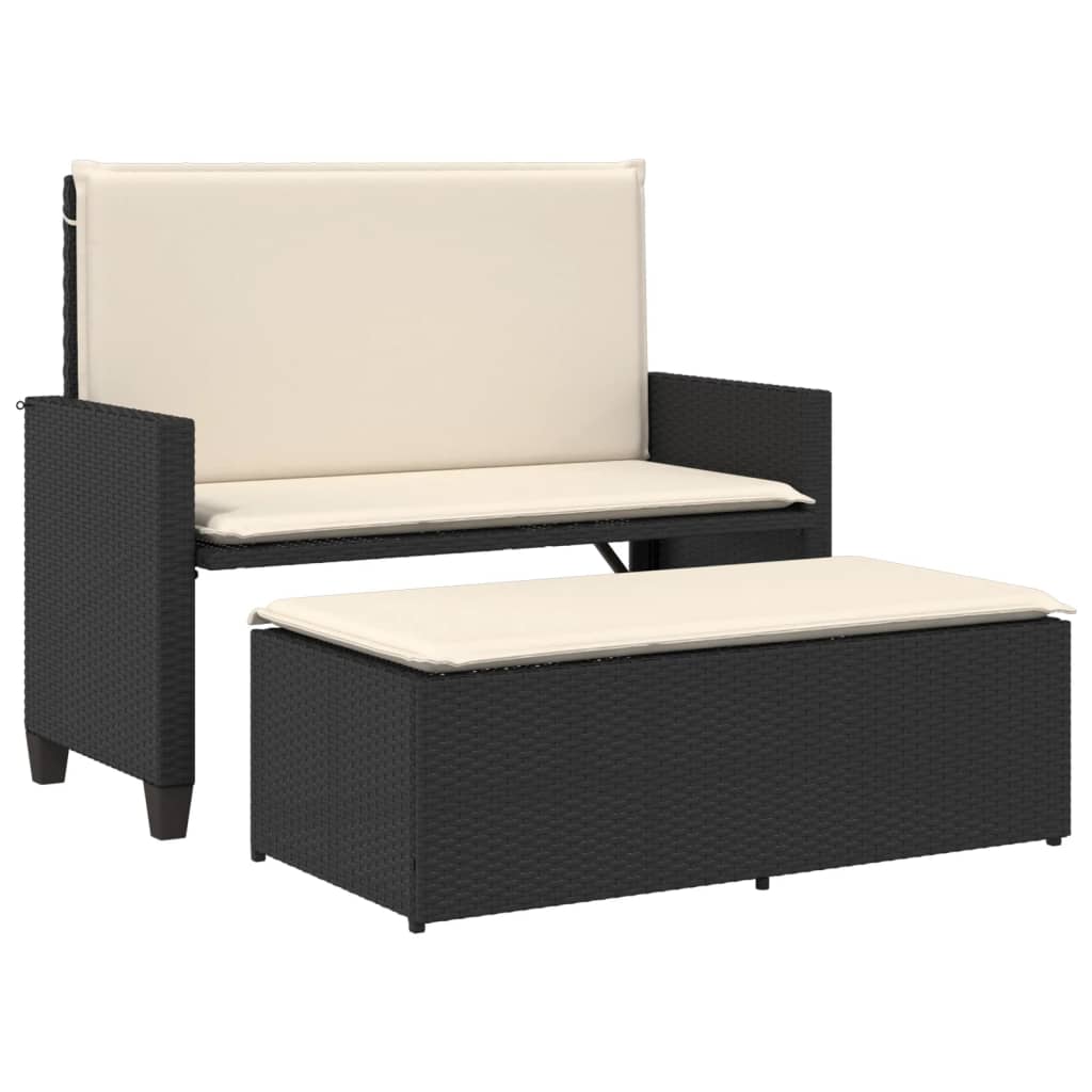 Garden Bench with Cushions and Footstool Black Poly Rattan