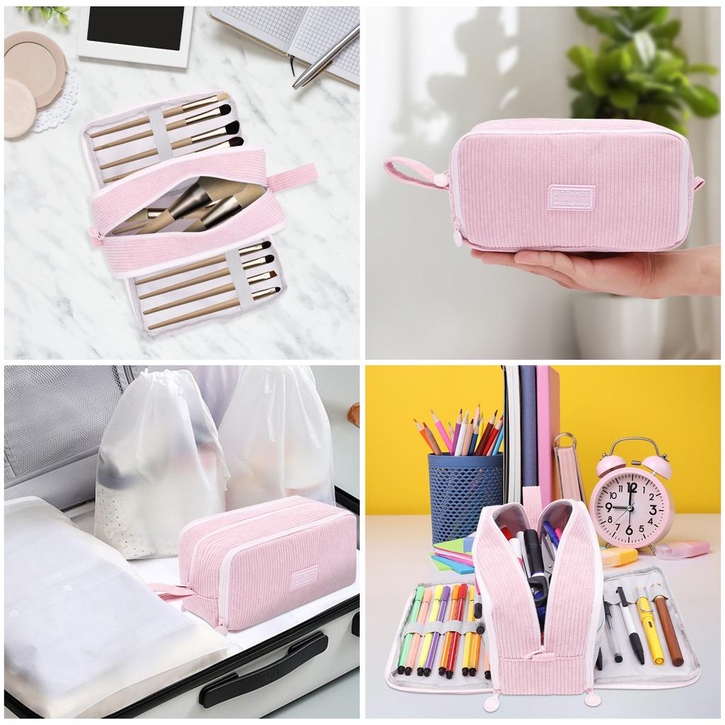 Corduroy Pen Bag Large Capacity Pen Pencil Case with 3 Compartment Cosmetics Storage Bag Stationery Organizer for School Office