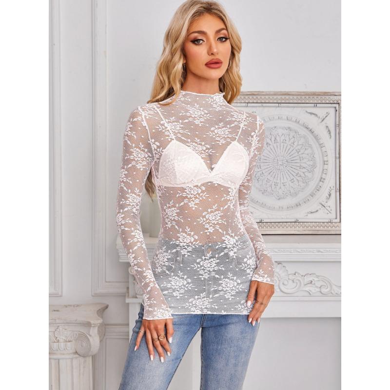 Dames Sheer Kant Mesh Lange Mouw Slim Fit Semi Hoge Hals Casual Basis Blouse