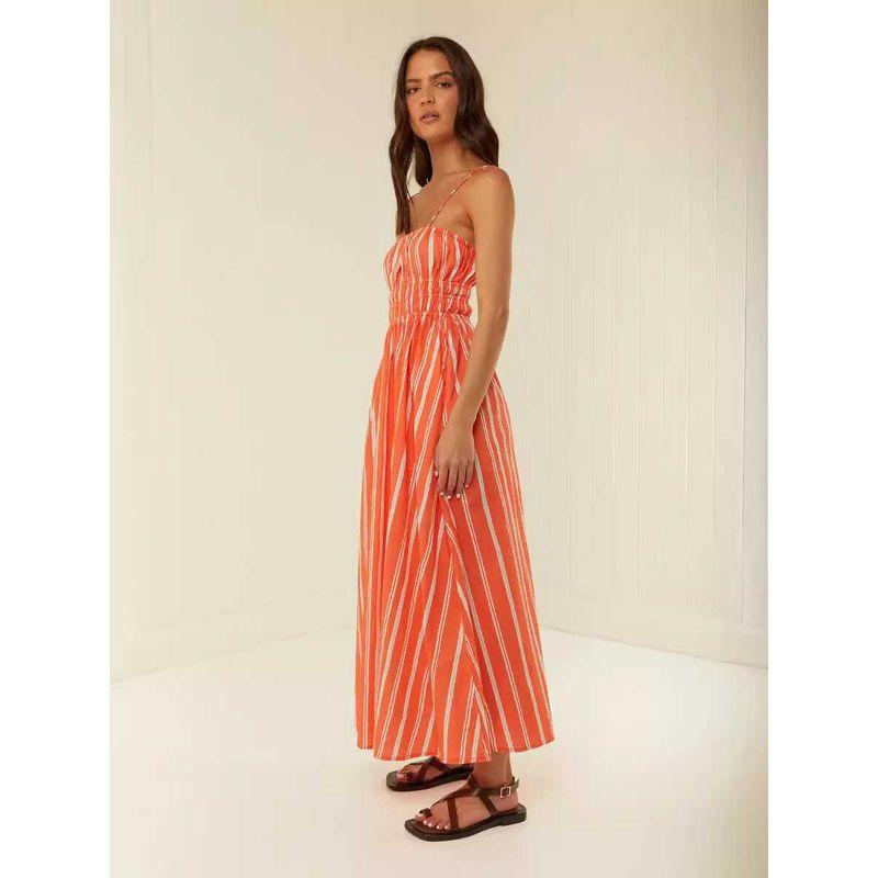 

Casual One Line Neck Strap Dress Foreign Trade Temperament Casual off-Neck Collar Sling Dress Orange stripe M