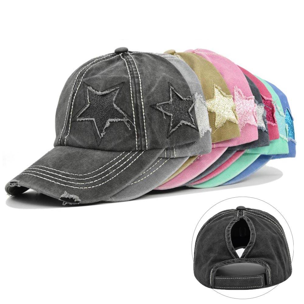 Women Ponytail Baseball Cap Washed Cotton Sun Hat Female Pentagram Sequins Hip Hop Snapback Adjustable Sport Golf Hats