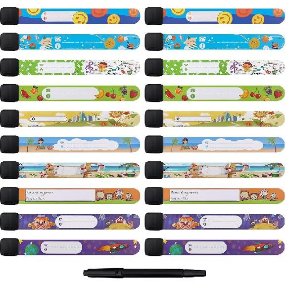 20PCS Id Bracelets for Kids,Safety Bracelets for Kids,Waterproof, Adjustable, Reble Bands for Boys and Girls with Bonus Writing Pen (10 Styles)