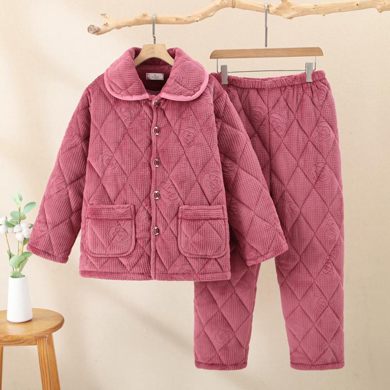 Large size women's elderly winter pajamas three-layer thickened padded cotton to keep warm and fleece coral fleece padded jacket