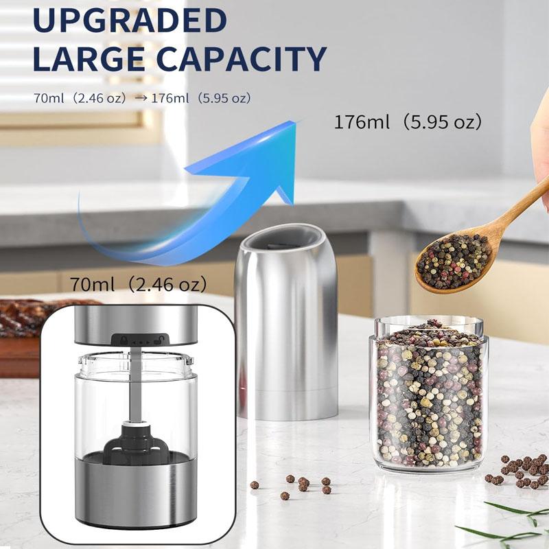 New Upgraded Larger Capacity Electric Salt and Pepper Grinder Set 176ml Stainless Steels Automatic Pepper Mill with LED light