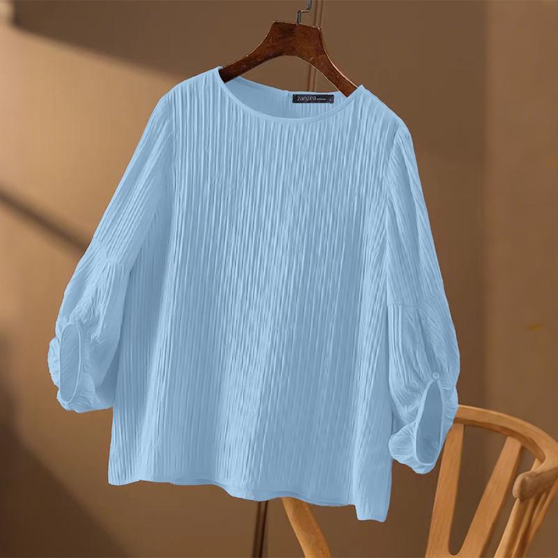 

ZANZEA Женская повседневная блузка с круглым вырезом и рукавами 3/4, свободная накидка S синий