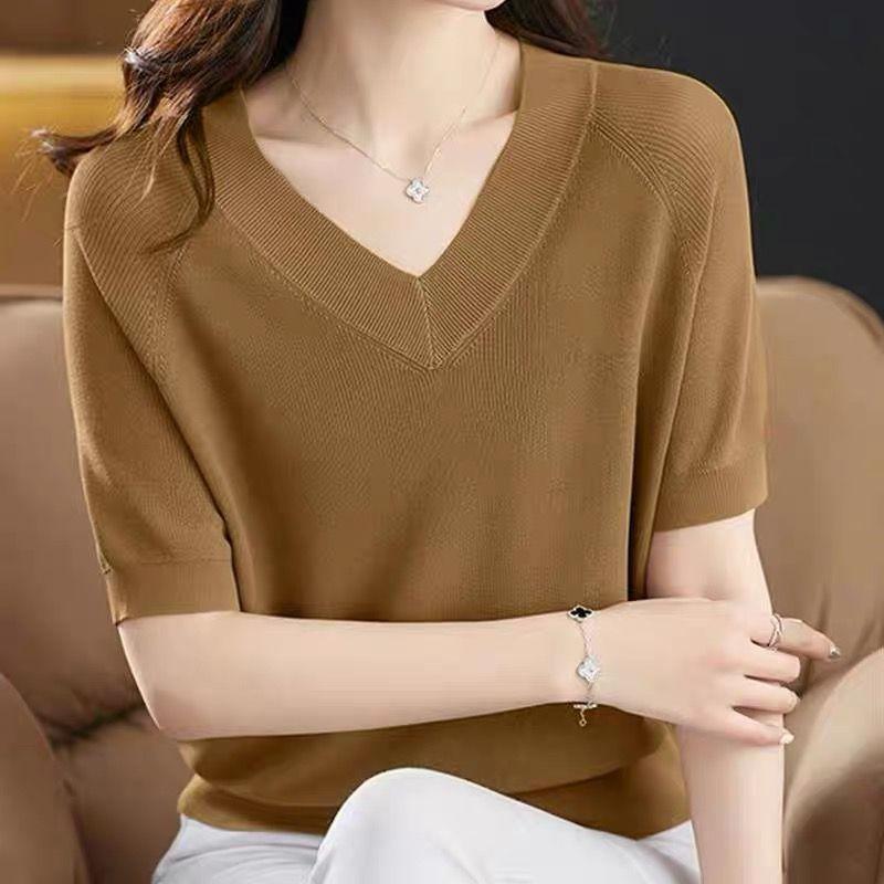 Summer Women Ice Silk Tops Women Casual Loose V-neck Thin T-shirts Short Sleeve Shirt Plus Size