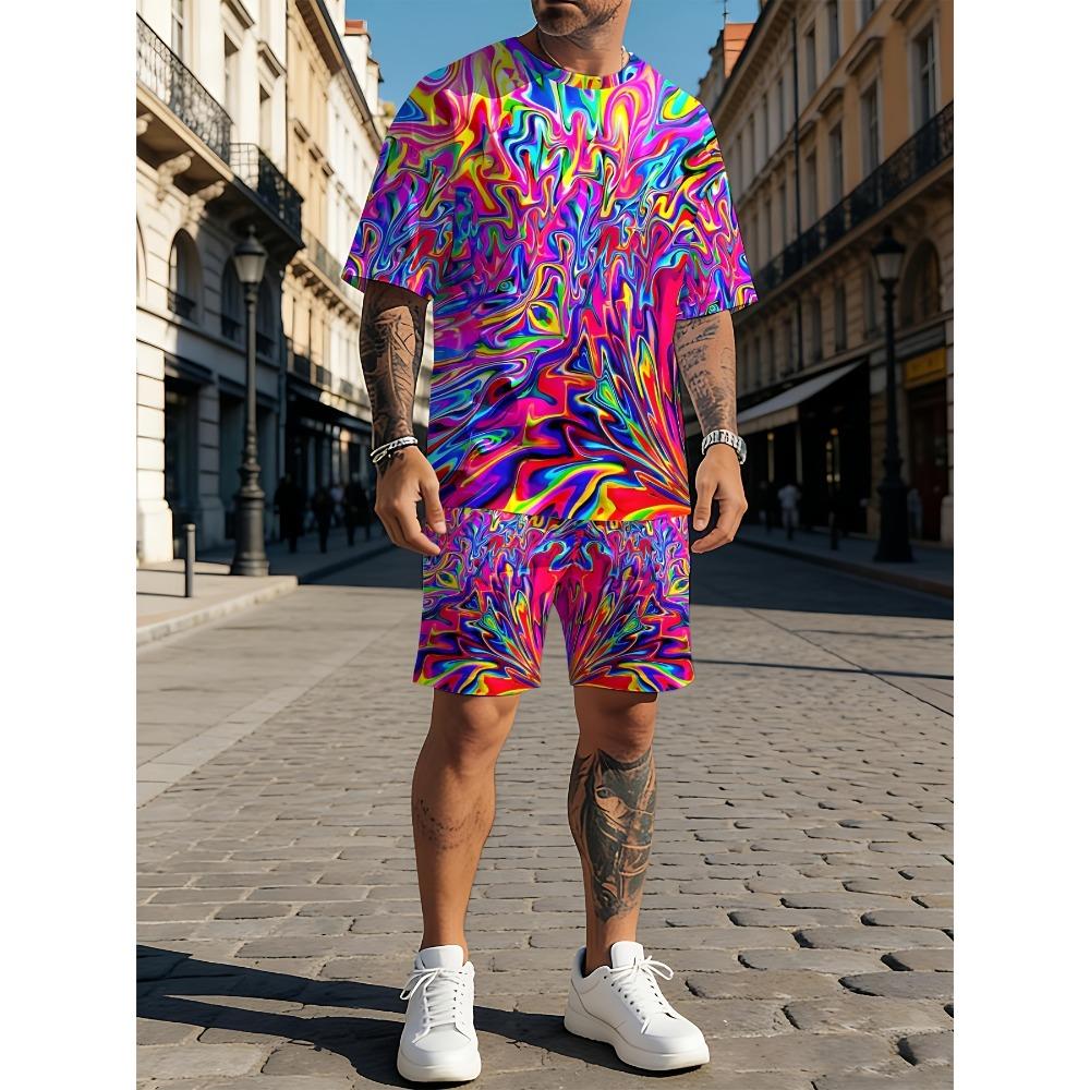 Summer Men's Round Neck Short Sleeved Set Personality Creativity 3D Printing Fashionable Comfortable Breathable Loose Casual Large Size Sports Wear