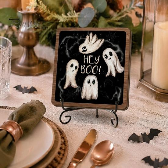 Autumn Festive Decor Halloween Wooden Table Sign, Cute Ghost Boo Plaque Sign with Rustic Fall Bathroom Metal Stand for Indoor Desk Shelf Home