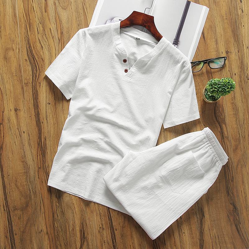 Two Piece Set Men Summer Vintage Simple Casual V Neck Short Sleeve Cotton Linen T Shirt Vacation Solid Loose Beach Shorts Ropa
