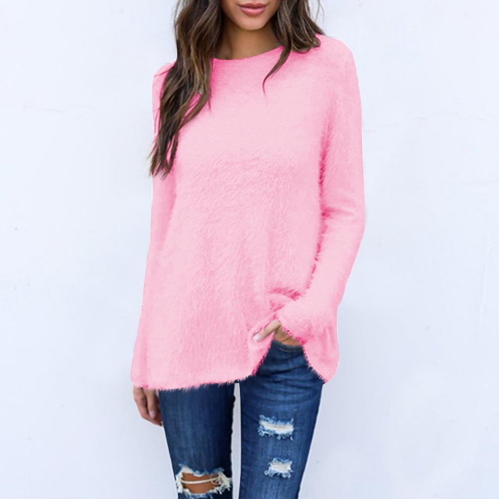 Women's Fashion Casual Long Sleeve Sweater Loose Round Neck Front Short Back Long Top