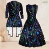 Women Plus Size Two Piece Set Printed Green Black Gold 3 4 Sleeve Cardigan Sleeveless Tie Waist Flared Dress