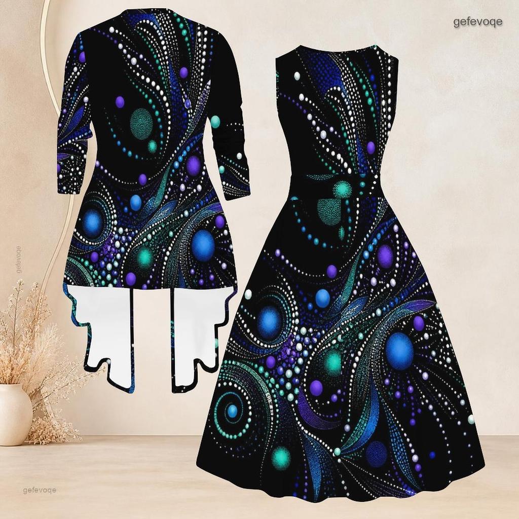 Women Plus Size Two Piece Set Printed Green Black Gold 3 4 Sleeve Cardigan Sleeveless Tie Waist Flared Dress