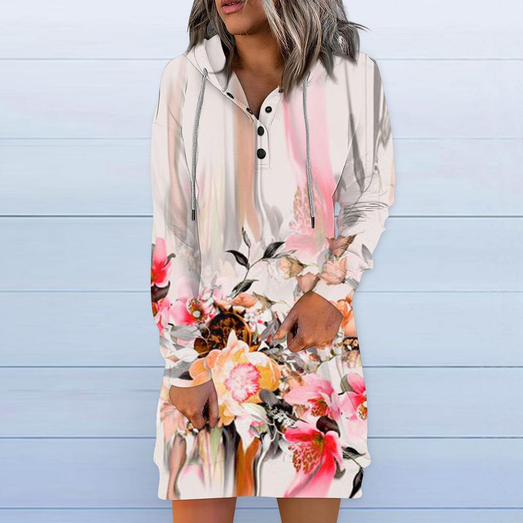 Damen Casual Hoodie Langarm Kordelzug Pullover Vintage Print Kleid