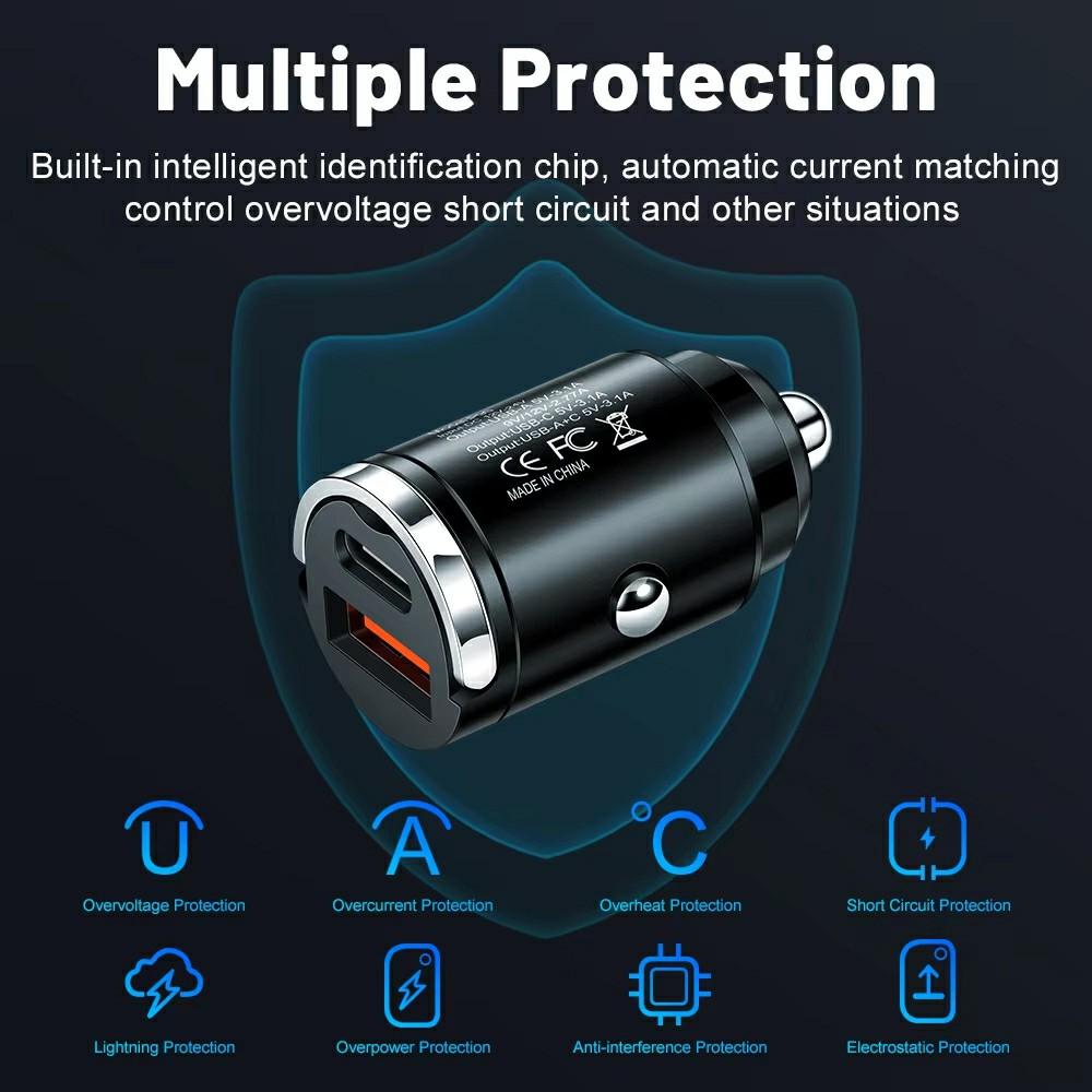P90 3.1A 30W Fast Car Charger QC3.0 Type-C + PD USB Dual Port Charging Adapter with Pull Ring