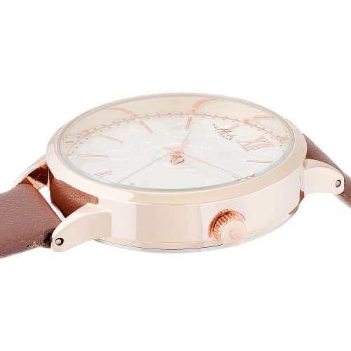 Fieldwork Women's Analog Watch, Ripia, Pink Gold with Floral Pattern and Leather Strap, Brown, GY045-4