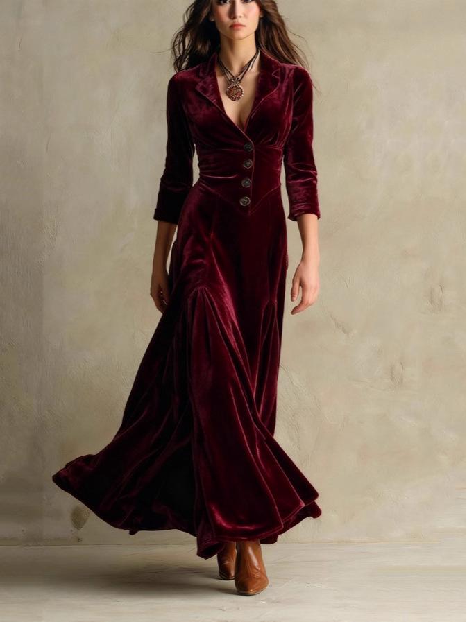 2025 Women's Solid Color Button-Up Lapel Dress with Cinched Waist and A-line Skirt, 3/4 Sleeves
