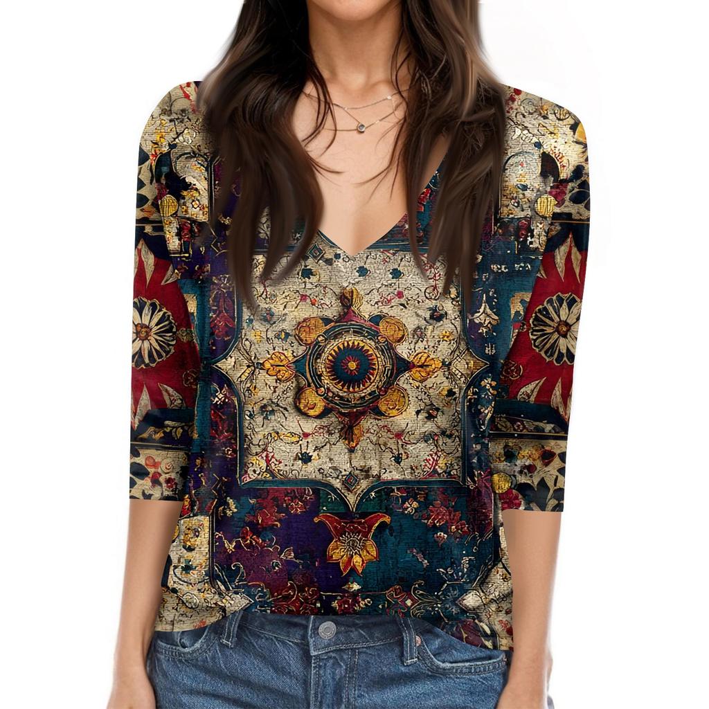 Women's T Shirt Print 3/4 Sleeve Daily Weekend Fashion Basic V- Neck Regular Top