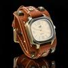 Vintage Rivets Genuine Leather Men Quartz Watch With Hand Stitched Wide Leather Strap Punk Hip Hop Style