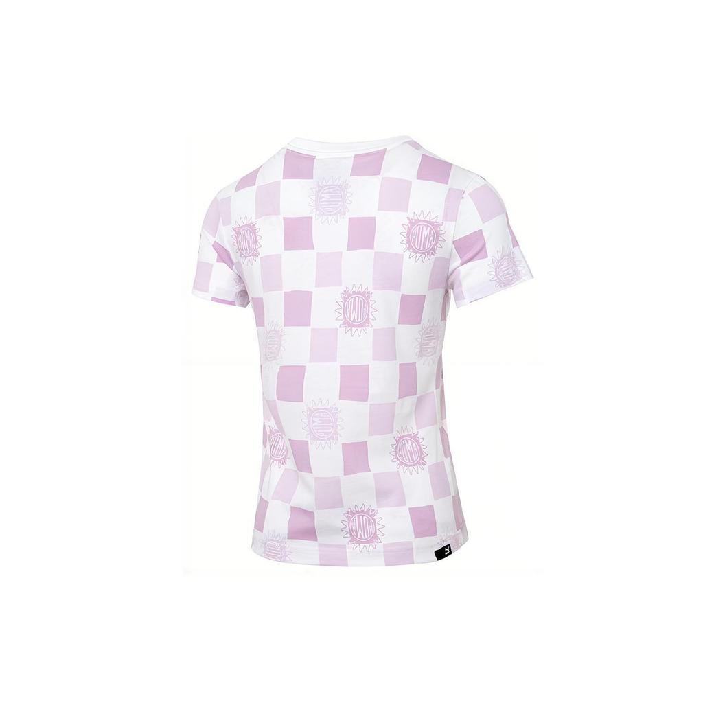 Puma Downtown Aop Tee Checkered Logo Sports Casual Breathable Round Neck Short Sleeve T-Shirt Women Tops Light-Purple 535379-02