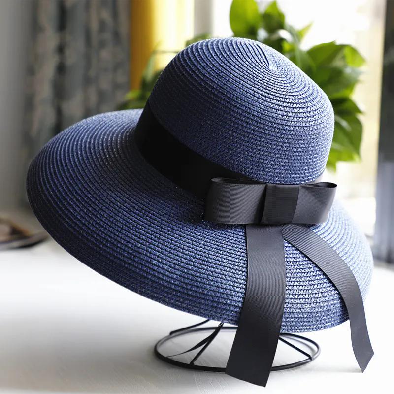 WTEMPO Black Bow Casual Foldable Summer Straw Hats Women's Wide Brim Solid Color Outdoor Beach Sunscreen Hats