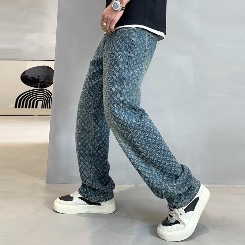JYL Mens Jeans Vintage Blue Jacquard American Vibe Flared Denim Pants