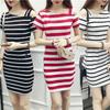 Women's Striped Cold Shoulder Short Sleeve Bodycon Dress Off Shoulder Slim Pencil Mini Dress