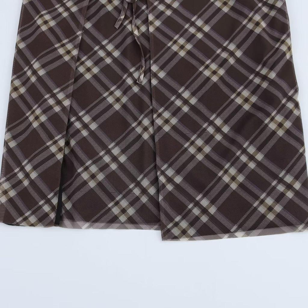 2025 Spring Women's Slim Plaid Silk Sarong Skirt with Button Details