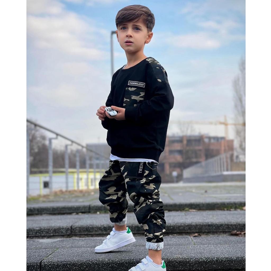 LOLANTA Long Sleeve and Pants Casual Size 130 Boys' T-Shirt Set, Camouflage, Wear, Black,