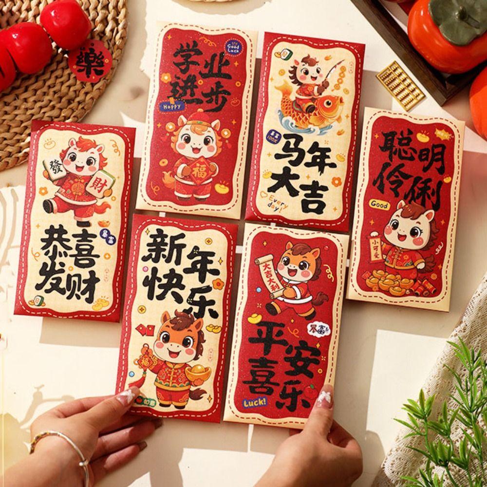 6PCS Paper Horse Year Red Envelope New Year Traditional Spring Festival Red Envelopes Lucky Cartoon Hongbao Marriage Celebration